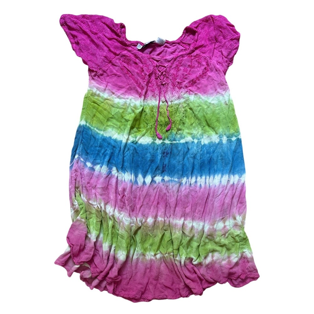 Jessica Taylor Tunic Top Women Multicolor Tie Dye Boho Embroidered SIZE M